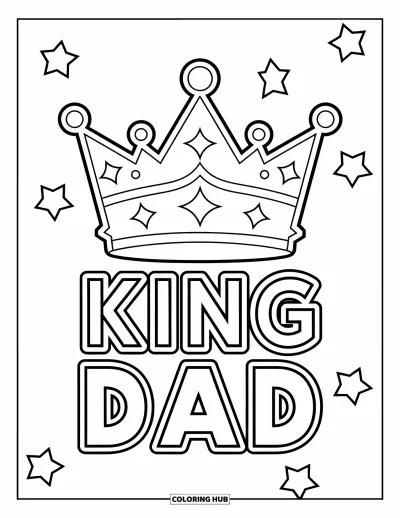 Glad fars dag-målarbild för barn: En krona med texten "King Dad" lyser med stora stjärnkonturer