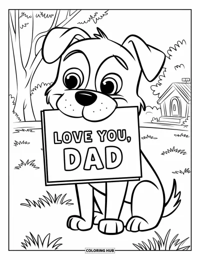 Glad fars dag-målarbild för barn: En söt hund håller ett kort till pappa nära ett träd och ett ombonat hem