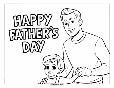 Glad fars dag-målarbild för barn: En pappa och barn håller hand med "Happy Father's Day" ovanför