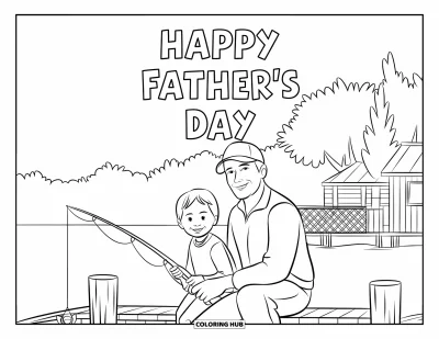Glad fars dag-målarbild för barn: En pappa och barn fiskar glatt från en brygga med "Happy Father's Day"