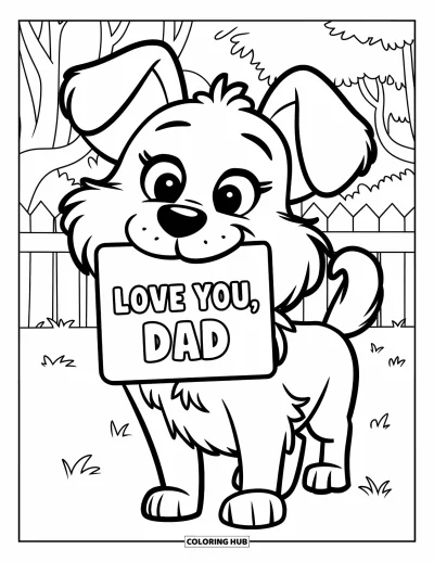 Glad fars dag-målarbild för barn: En fluffig hund bär ett kort med "Love You, Dad" på en gräsmatta