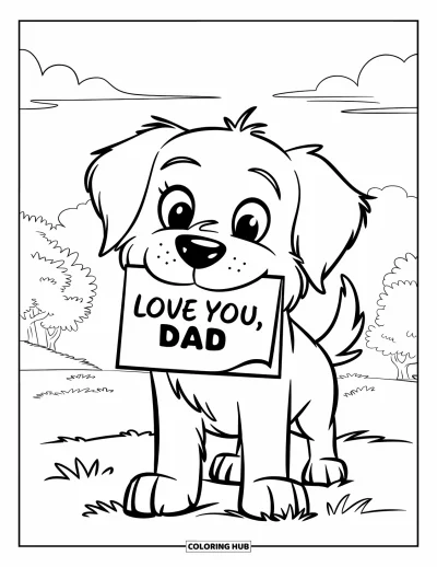 Glad fars dag-målarbild för barn: En golden retriever ger pappa ett fint kort på ett soligt fält