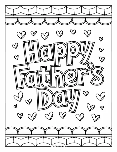Glad fars dag-målarbild för barn: Ett handgjort kort visar "Happy Father's Day" med hjärtan