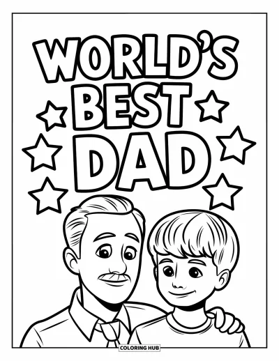 Glad fars dag-målarbild för barn: En mustaschprydd pappa och en glad son ler under "World's Best Dad"