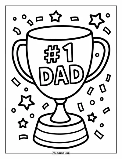 Glad fars dag-målarbild för barn: En glänsande trofé bär texten "#1 Dad" med stjärnor och konfetti runtomkring
