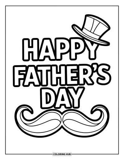 Glad fars dag-målarbild för barn: En rolig mustasch och hatt syns under "Happy Father's Day" i stora bokstäver