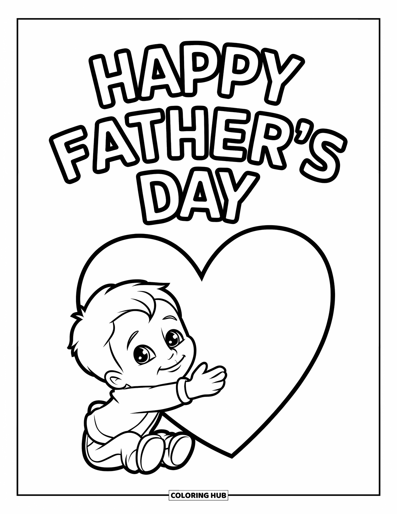 Happy Fathers Day Coloring Page for Kids: A smiling boy hugs a heart as "Happy Father's Day" shines above