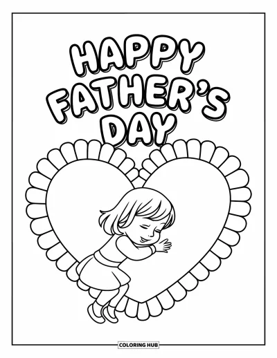 Glad fars dag-målarbild för barn: En leende flicka kramar ett stort hjärta med texten "Happy Father's Day"