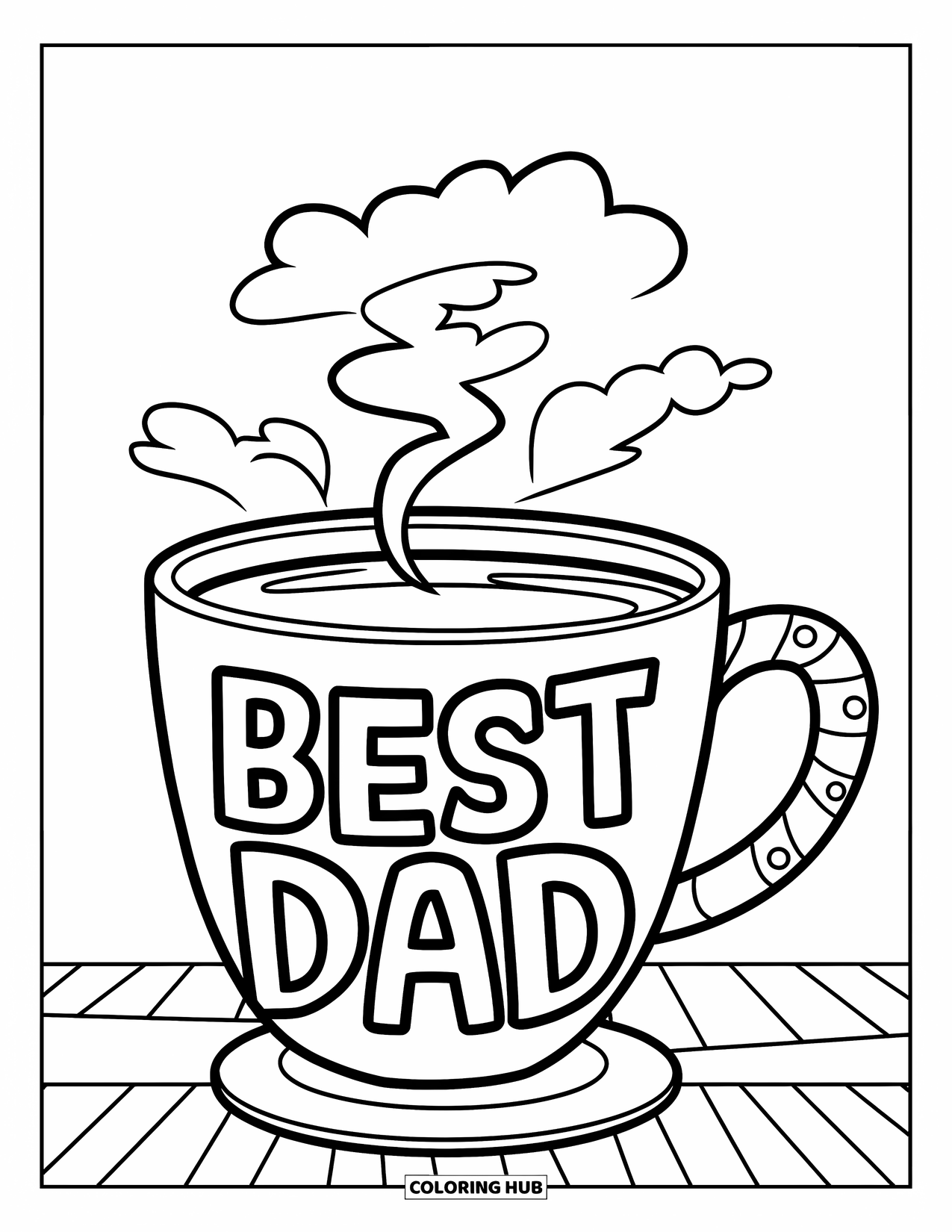Happy Fathers Day Coloring Page for Kids: A striped mug filled with coffee says "Best Dad" above the steam
