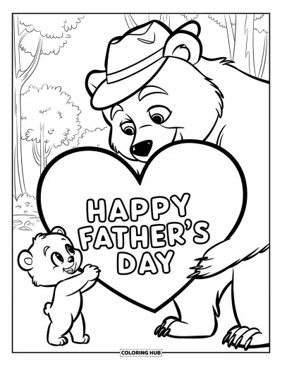 Glad fars dag-målarbild för barn: En liten björn ger sitt hjärta till sin pappa med en rolig hatt i skogen