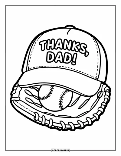 Glad fars dag-målarbild för barn: En klassisk basebollhandske och keps ramar in ett fint "Thanks, Dad!"-meddelande
