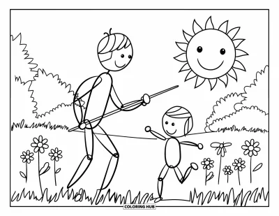 Glad fars dag-målarbild för barn: Pappa och barn leker nära en leende sol och glada blommor i parken