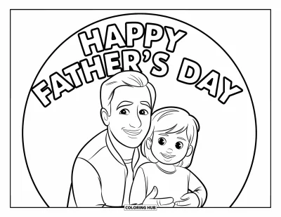Glad fars dag-målarbild för barn: Pappa och barn ler sida vid sida med "Happy Father's Day" svävande ovanför