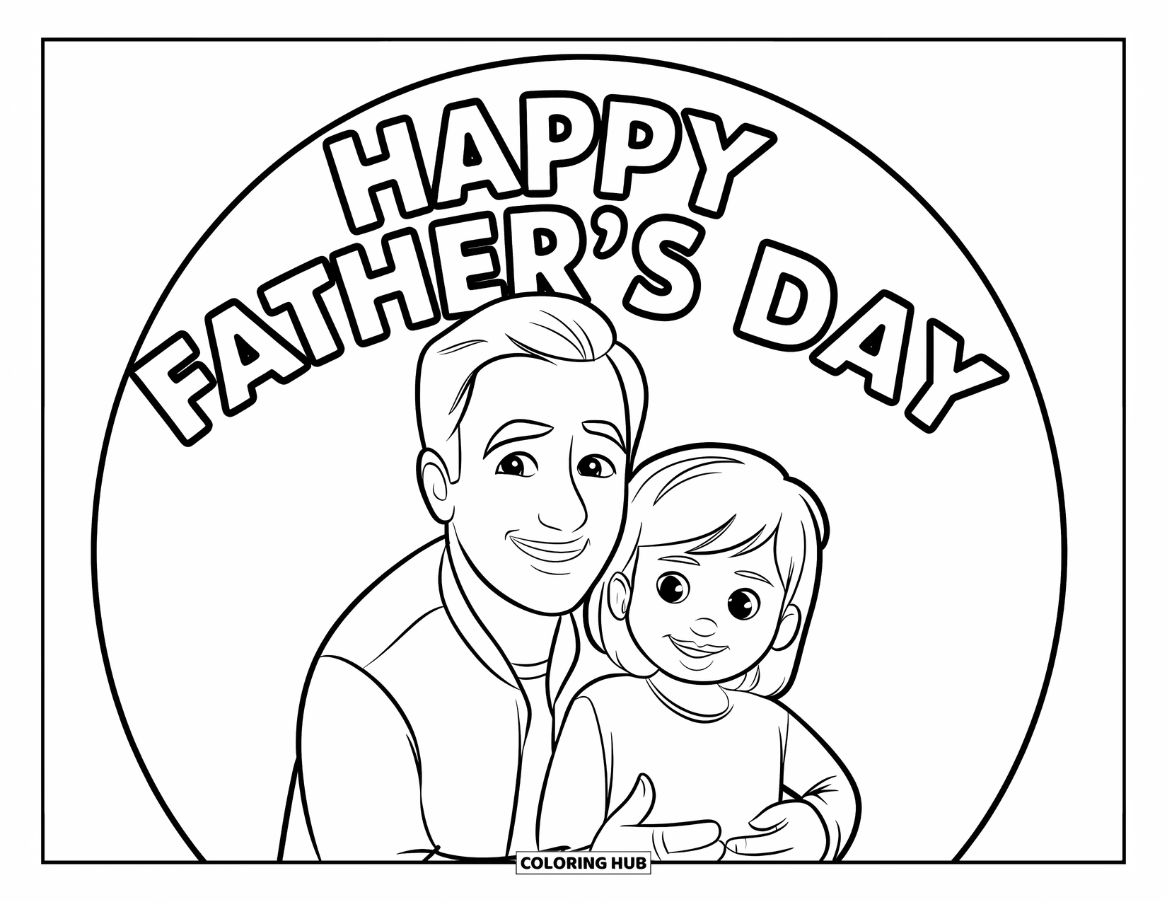 Happy Fathers Day Coloring Page for Kids: Dad and child smile side-by-side with "Happy Father's Day" floating above