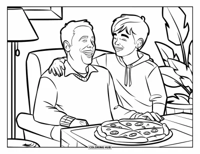 Glad fars dag-målarbild för barn: Pappa och tonåring skrattar och äter pizza i en varm och trivsam miljö