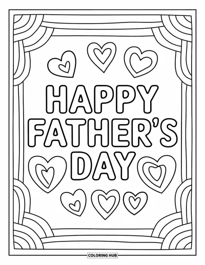 Glad fars dag-målarbild för barn: Lagerlagda ramar och hjärtan omger "Happy Father's Day"