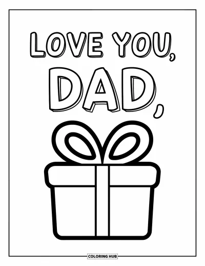 Glad fars dag-målarbild för barn: "Love You, Dad" svävar ovanför en presentask med band