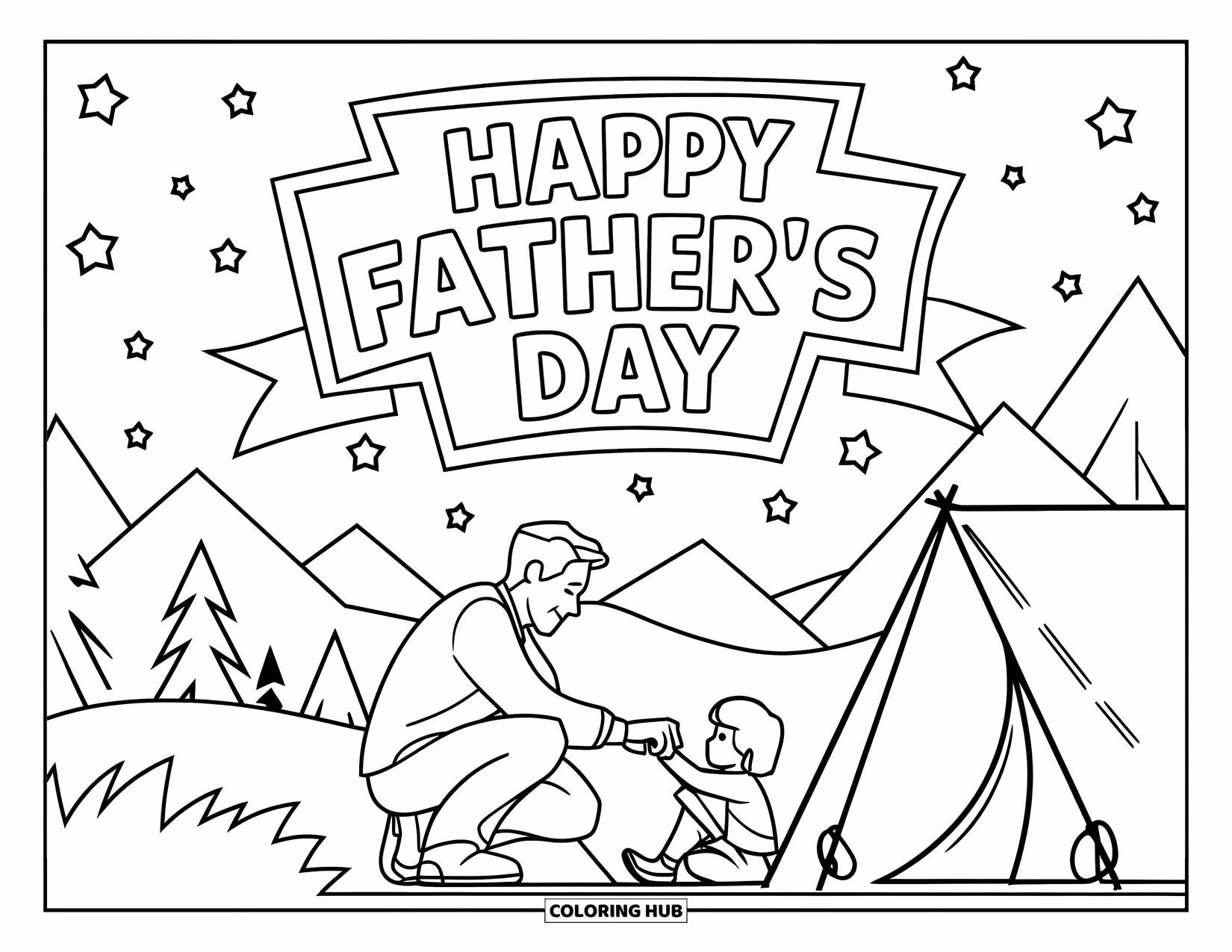 Happy Fathers Day Coloring Page for Kids: Mountains and stars frame a sweet campout with "Happy Father's Day"