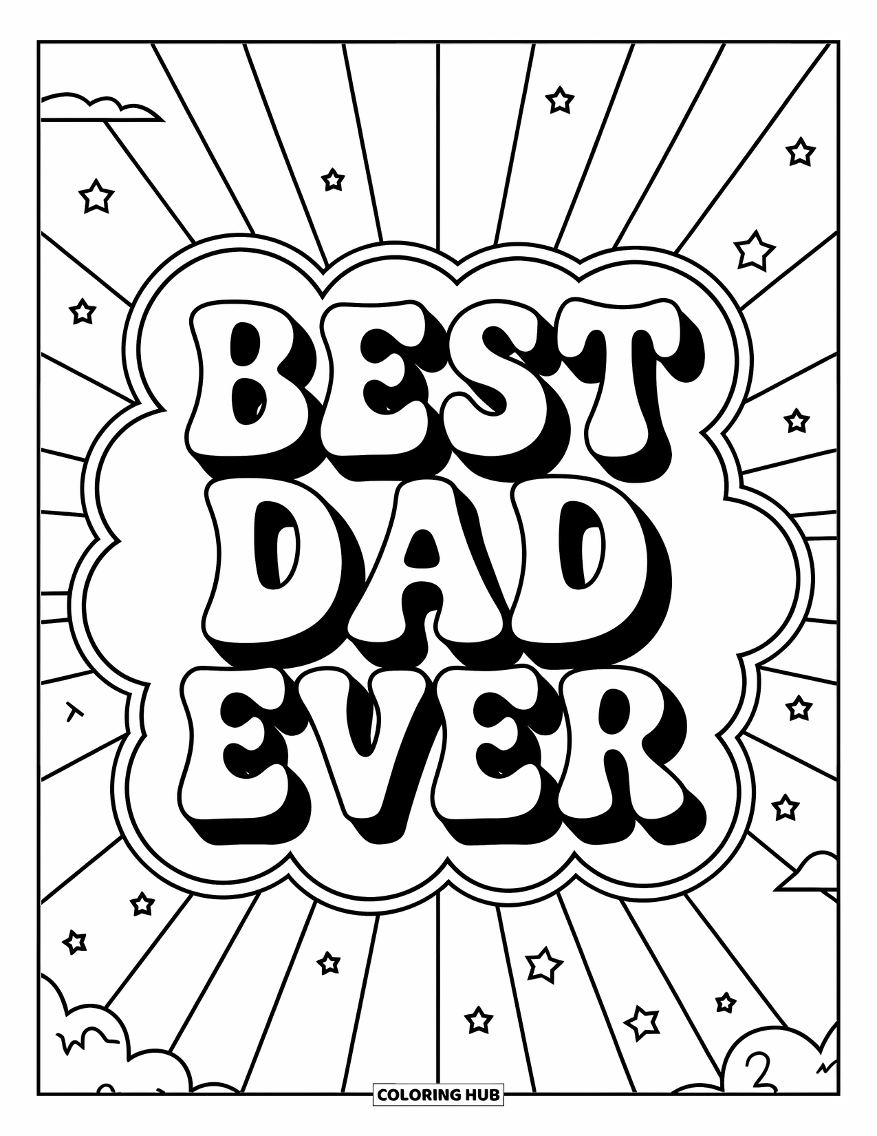 Happy Fathers Day Coloring Page for Kids: Outlined rays burst behind a cloud reading "Best Dad Ever"