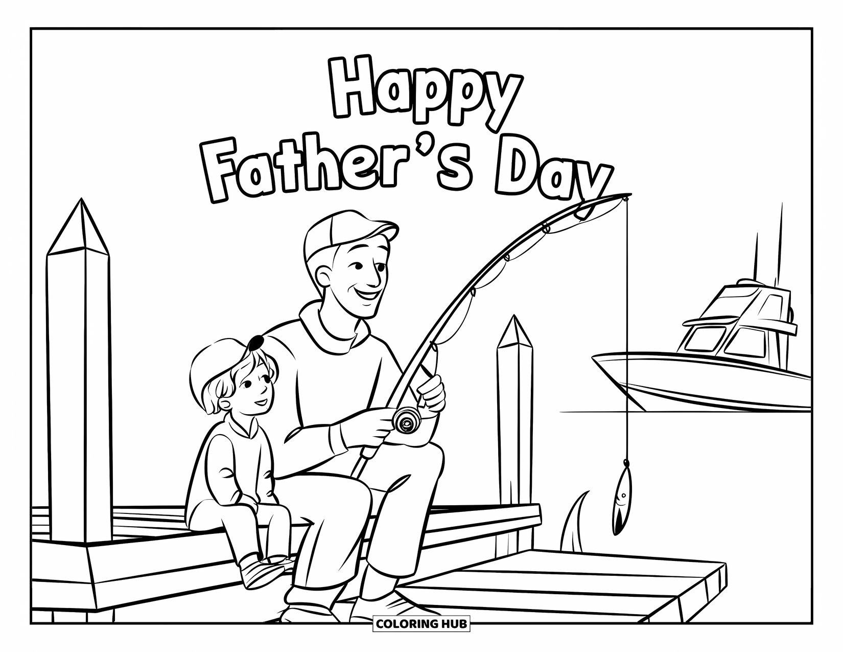 Happy Fathers Day Coloring Page for Kids: Smiles and fishing rods fill a dock scene with "Happy Father's Day"