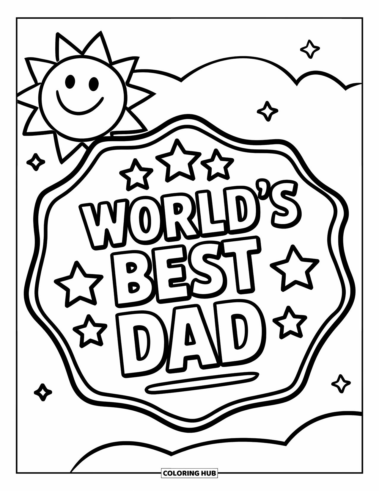 Happy Fathers Day Coloring Page for Kids: Smiling sun and cloud frame a badge that says "World's Best Dad"