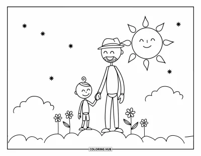 Glad fars dag-målarbild för barn: En streckgubbepappa och barn står på ett moln med blommor och stjärnor