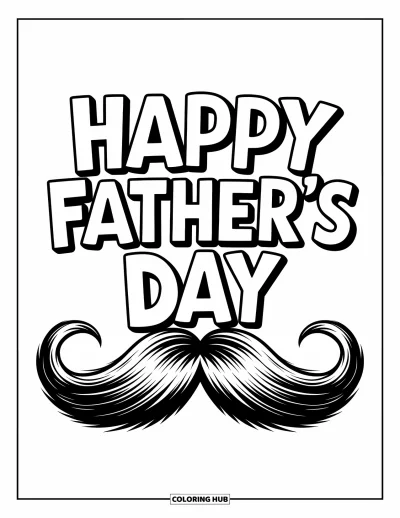 Glad fars dag-målarbild för barn: Orden "Happy Father's Day" svävar ovanför en gigantisk rolig mustasch