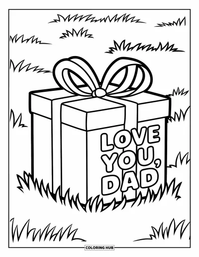 Glad fars dag-målarbild för barn: Insvept med kärlek bär en presentask texten "Love You, Dad" på en gräsmatta