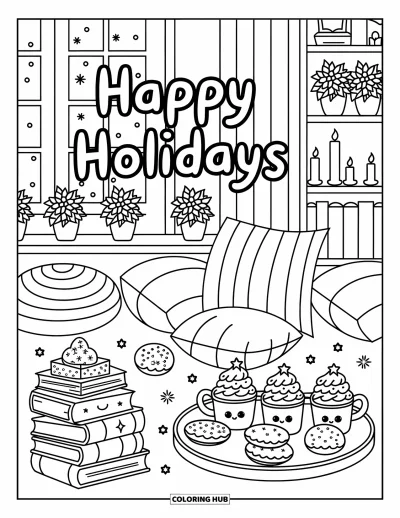 Coloriage Joyeuses Fêtes pour adultes : Pièce chaleureuse avec coussins, boissons chaudes, livres et neige tombante
