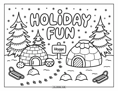 Coloriage Joyeuses Fêtes pour adultes : Scène hivernale avec igloo, fort de neige et sapins pour une atmosphère chaleureuse