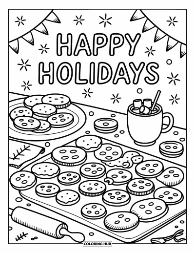 Coloriage Joyeuses Fêtes pour adultes : Scène de pâtisserie avec boissons chaudes et message festif