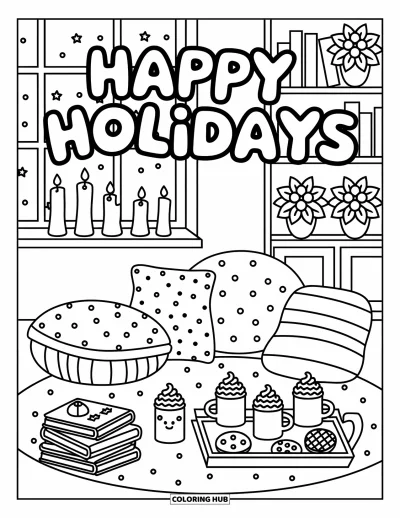 Coloriage Joyeuses Fêtes pour adultes : Couvertures, chocolat chaud et livres pour une douce soirée sous un panneau "happy holidays"
