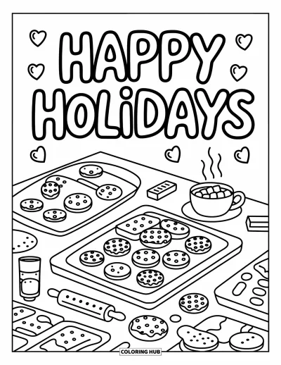 Coloriage Joyeuses Fêtes pour adultes : Biscuits et chocolat chaud sur une table de pâtisserie douillette avec une illustration de fête