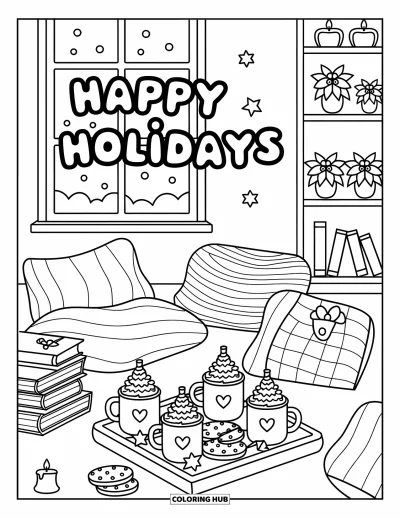 Coloriage Joyeuses Fêtes pour adultes : Intérieur douillet avec livres, tasses et vue sur la neige par la fenêtre
