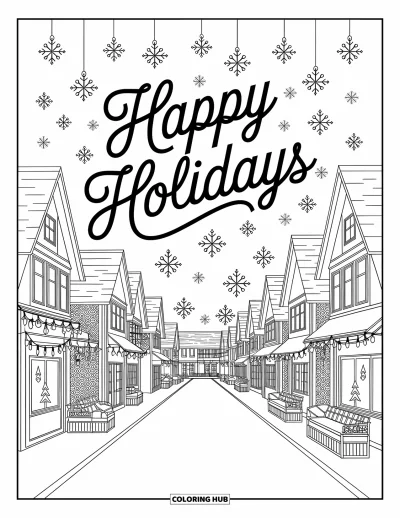 Coloriage Joyeuses Fêtes pour adultes : Rue de Noël détaillée avec lumières et message de fête en contours