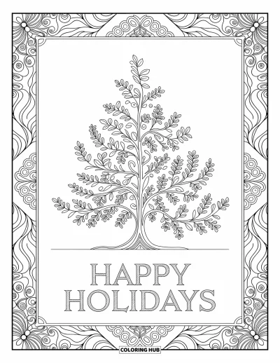 Coloriage Joyeuses Fêtes pour adultes : Élégant sapin de fête avec détails floraux et salutation chaleureuse