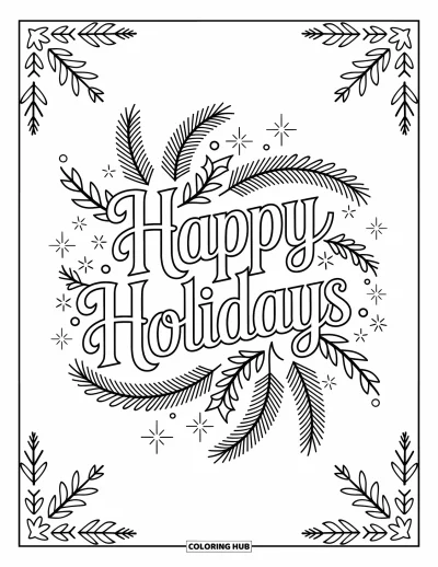 Coloriage Joyeuses Fêtes pour adultes : Élégant message mandala entouré de branches festives et de bordures détaillées