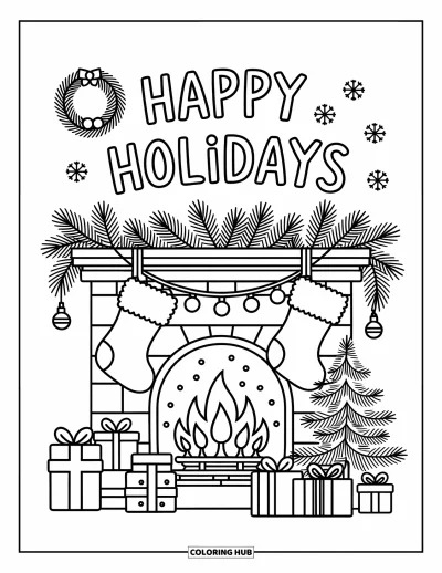 Coloriage Joyeuses Fêtes pour adultes : Cheminée décorée de bas, de lumières et d'un joyeux message de fête