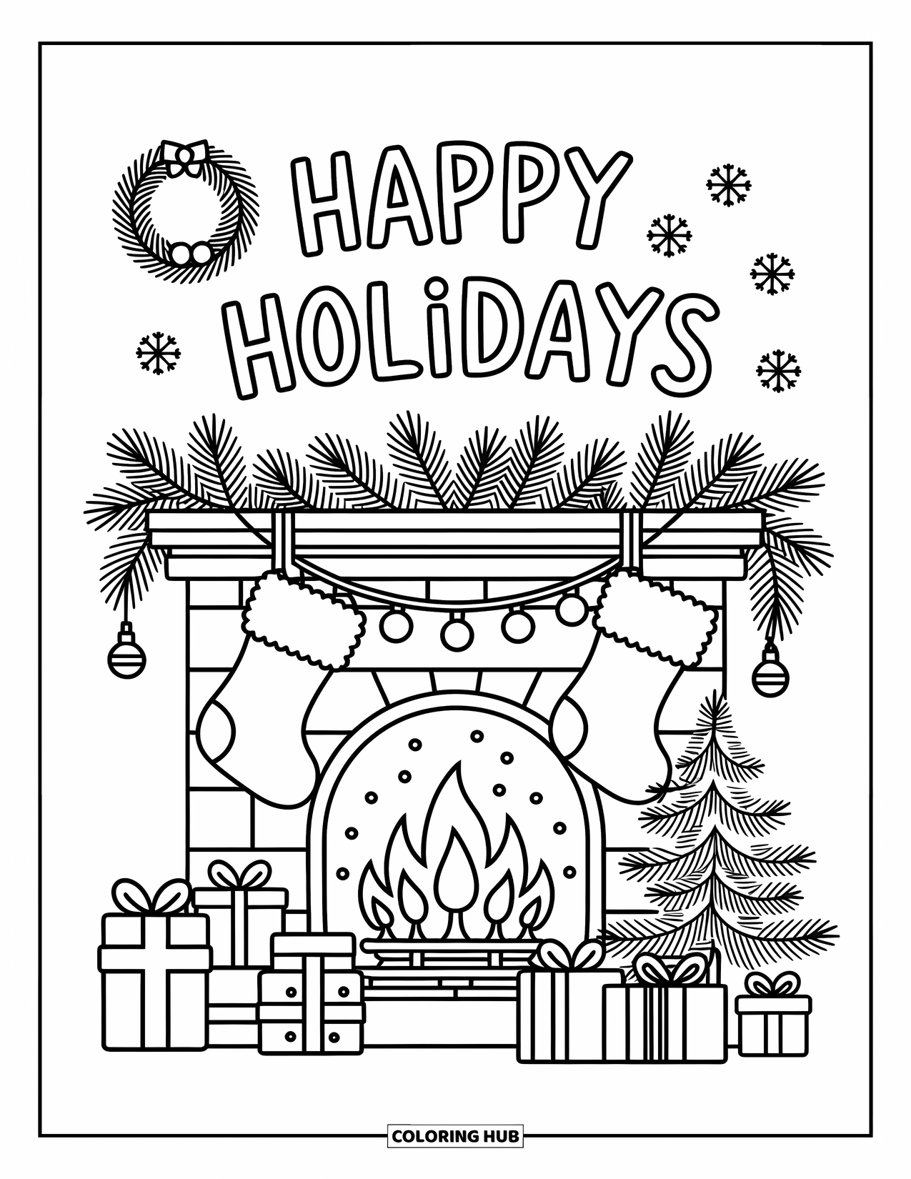 Happy Holidays Coloring Page for Adults: Fireplace decorated with stockings, lights, and a cheerful holiday greeting