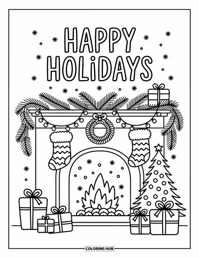 Coloriage Joyeuses Fêtes pour adultes : Cheminée avec bas, cadeaux et sapin sous "Happy Holidays"