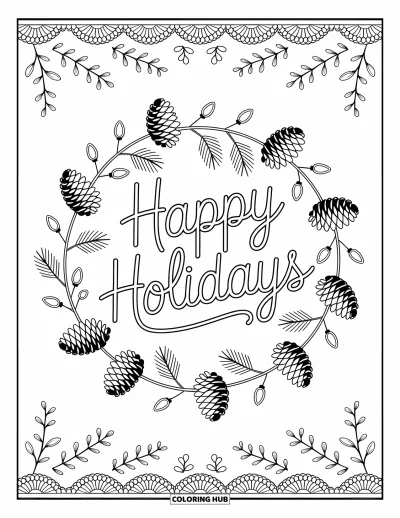 Coloriage Joyeuses Fêtes pour adultes : Guirlande de Noël avec du gui et des lumières autour d'un joyeux message
