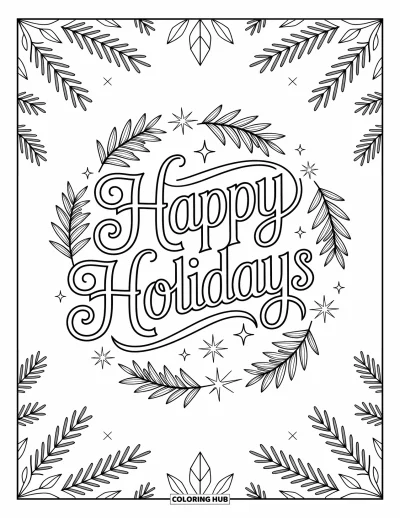 Coloriage Joyeuses Fêtes pour adultes : Message de fête style mandala brillant avec étoiles et branches de sapin en contours