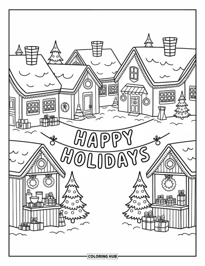 Coloriage Joyeuses Fêtes pour adultes : Marché de Noël avec chocolat chaud, artisanat et charme de village animé