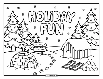 Coloriage Joyeuses Fêtes pour adultes : Igloo et fort de neige entourés de détails amusants et d'un panneau en bois festif