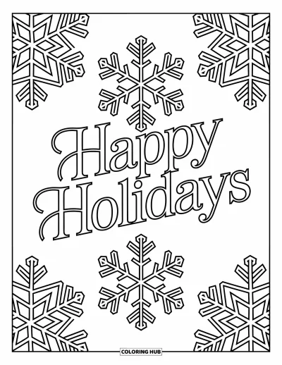 Coloriage Joyeuses Fêtes pour adultes : Flocons de neige complexes entourant un texte de fête dans une mise en page relaxante aux contours prononcés