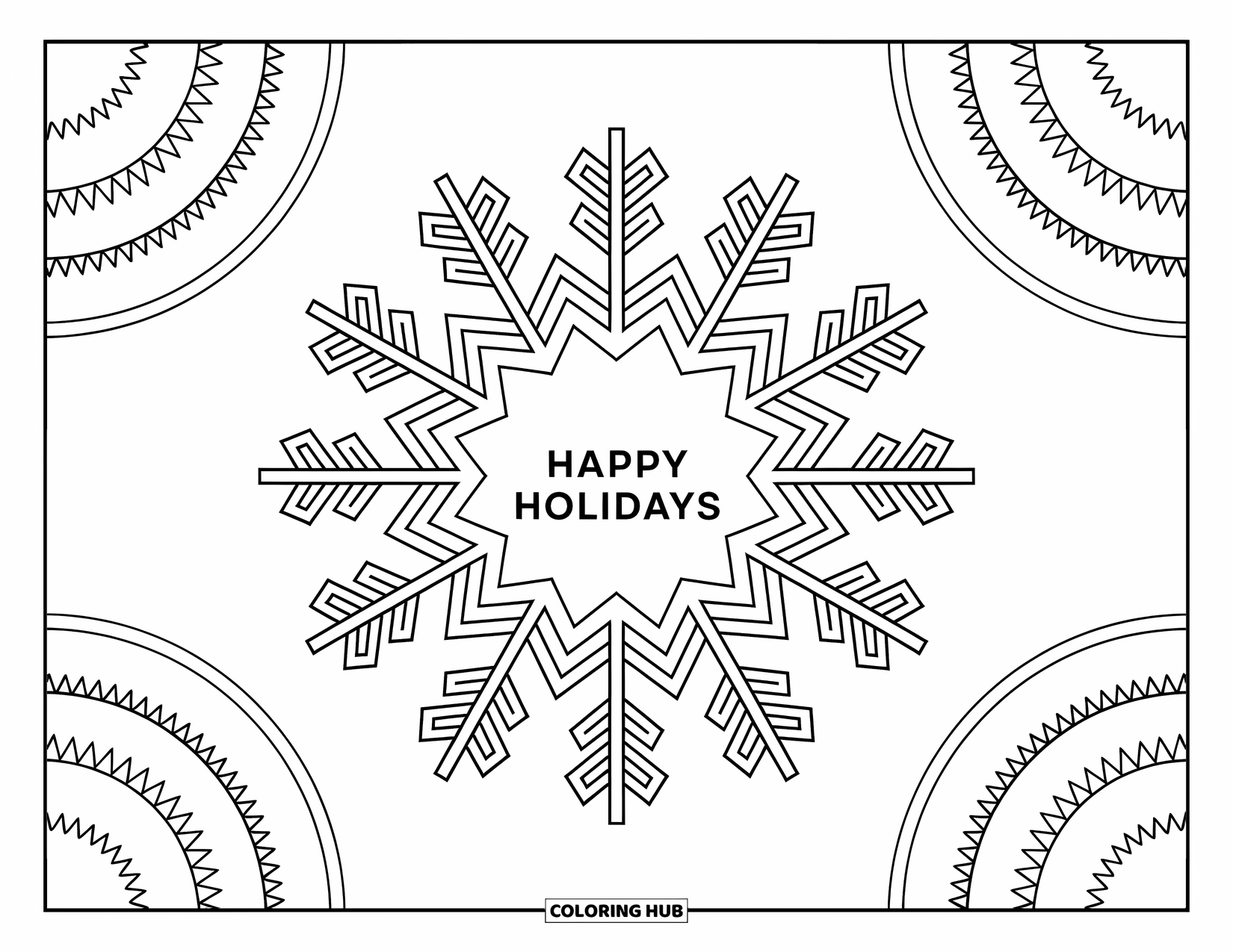 Happy Holidays Coloring Page for Adults: Mandala snowflake surrounds a festive message with soothing intricate details