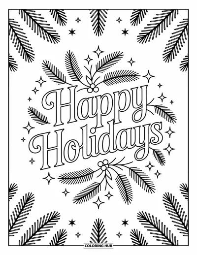 Coloriage Joyeuses Fêtes pour adultes : Lettrage de fête style mandala encadré d'étoiles, de houx et de branches de sapin