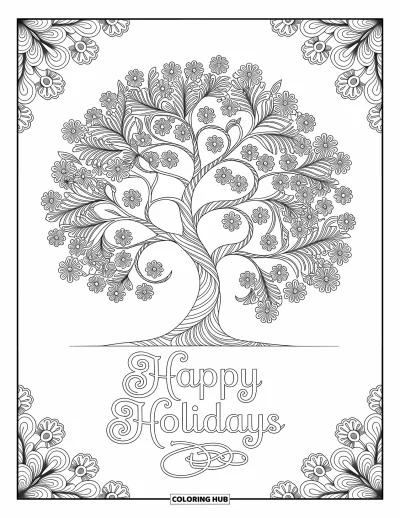 Coloriage Joyeuses Fêtes pour adultes : Sapin fleuri aux branches tourbillonnantes et message festif en dessous