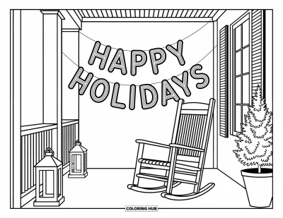 Coloriage Joyeuses Fêtes pour adultes : Porche avec motifs, lanterne et joyeux message de fête pour une créativité apaisante