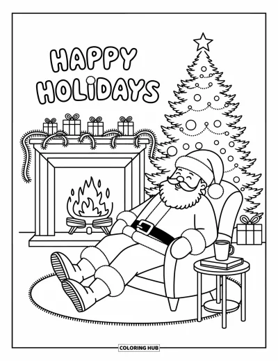 Coloriage Joyeuses Fêtes pour adultes : Père Noël se reposant près d'un sapin, de cadeaux et d'une cheminée accueillante